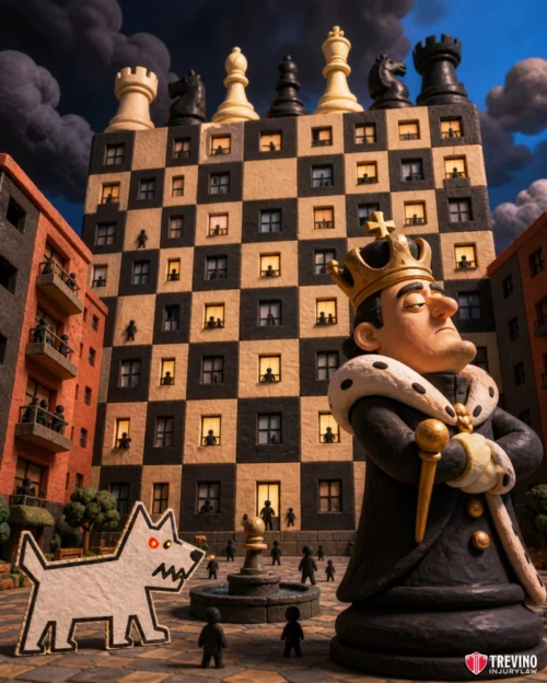 Can You Sue a Landlord if a Tenant's Dog Bites You at an Apartment Complex?. A claymation-style chess king stands in a plaza before a building resembling a chessboard, with chess pieces on its roof. Black pawn figures and a white, cartoonish dog with a red eye are present. Dark, dramatic clouds fill the sky.
