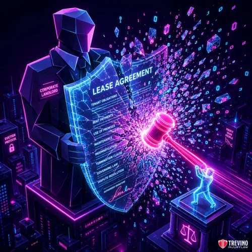 Can You Sue an Apartment Complex for Injury? A giant faceless figure labeled "Corporate Landlord" holds a glowing shield reading "Lease Agreement." A small figure strikes the shield with a neon gavel. Digital particles scatter from the impact. The scene is rendered in vibrant, futuristic neon colors.