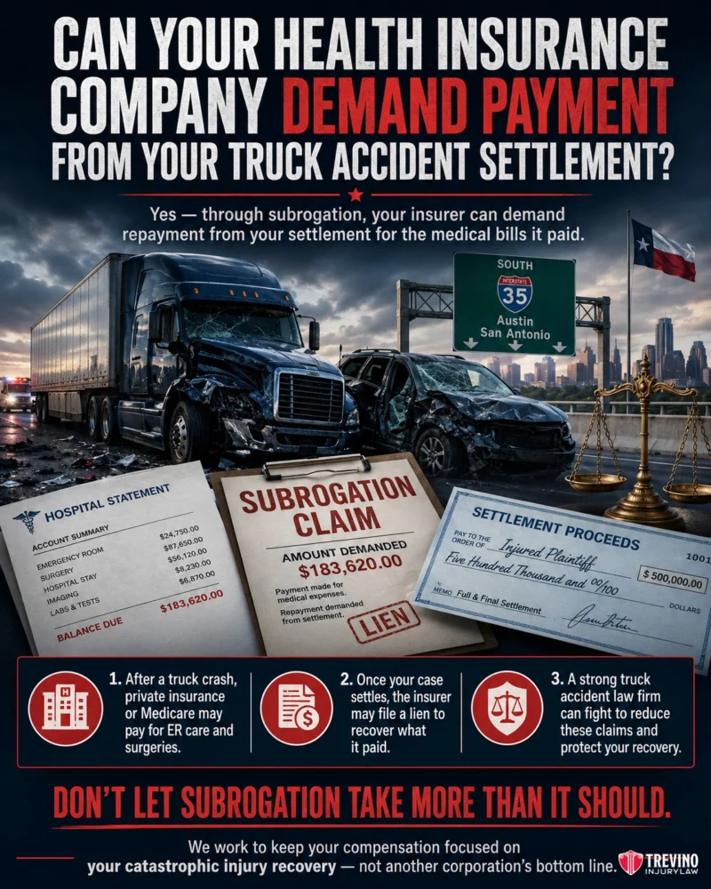 Can Your Health Insurance Company Demand Payment from Your Truck Accident Settlement?. A semi-truck and car crash at night on a highway. Text explains insurers may demand repayment from accident settlements. Three steps with icons describe subrogation claims. The bottom urges readers not to let subrogation reduce injury compensation.