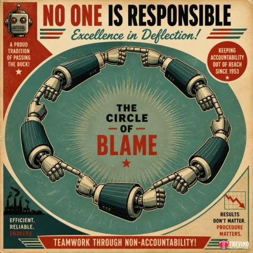 Can a Commercial Landlord Shift Liability to a Tenant or Maintenance Contractor? Retro-style poster with robotic arms forming a circle, each pointing at the next. Bold text reads "The Circle of Blame," with slogans like "No one is responsible" and "Teamwork through non-accountability" surrounding the image.