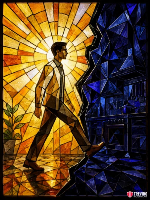 Can an Invitee's Status Downgrade to a Licensee or Trespasser? A stained glass artwork shows a man walking from a bright, warm yellow setting into a dark blue kitchen. Sunlight radiates behind him, while the kitchen is dim. Geometric shapes form the scene, with a plant and reflections on the floor.