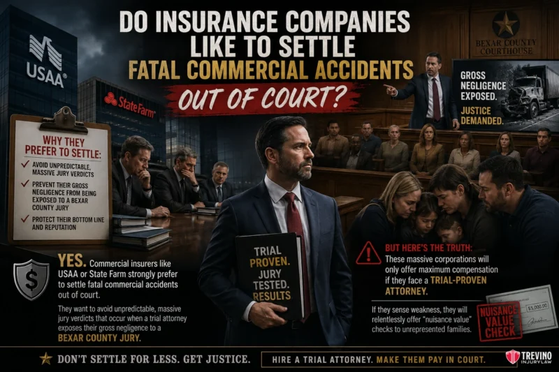 Do Insurance Companies like to Settle Fatal Commercial Accidents out of Court?. A dramatic courtroom scene with a judge, jury, and lawyers. Large text reads, "Do Insurance Companies Like to Settle Fatal Commercial Accidents Out of Court?" Graphics compare settling vs. hiring a trial attorney, with bold warnings, logos, and advice for accident victims.