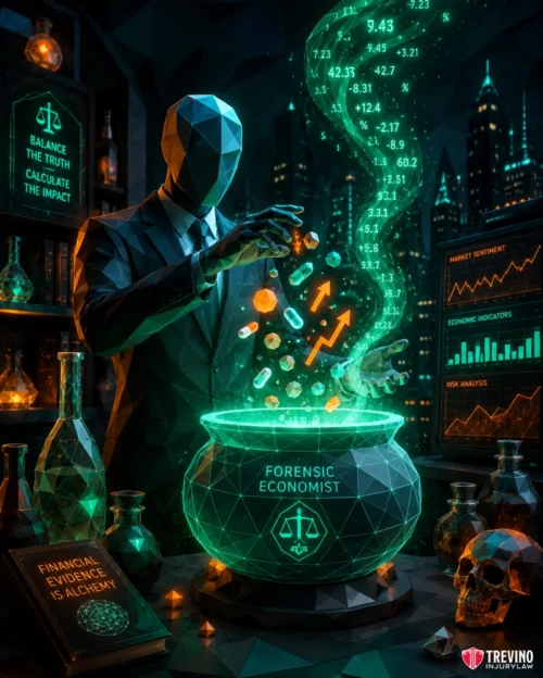 How Are Catastrophic Future Medical Needs Calculated? A faceless, suit-clad polygonal figure labeled "Forensic Economist" conjures glowing green graphs and symbols from a cauldron. Surrounding are books, vials, skulls, and neon cityscape. Texts reference market systems and financial analysis; atmosphere is mystical and analytical.