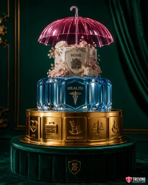 How Do Commercial General Liability (CGL) Policies Dictate Final Payouts? A three-tier cake with a pink umbrella on top, flowers, and “Home” plaque. Middle tier is blue and labeled “Health.” Bottom gold tier has icons for life, business, retirement, liability, health, and home insurance. Velvet base; ornate backdrop.