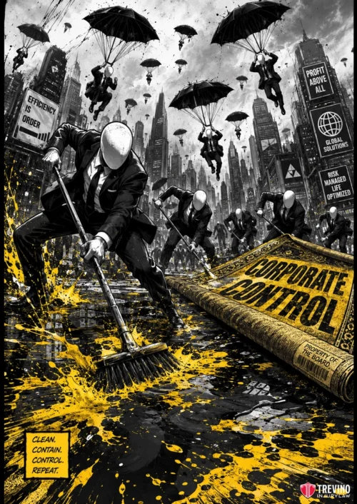How Do Commercial Liability Policies Differ From Residential Injury Claims? A black-and-yellow comic-style scene shows faceless suits sweeping yellow paint as men parachute into a dystopian city. A giant newspaper reads “CORPORATE CONTROL.” Billboards urge profit and efficiency. Bottom text reads, “Clean. Contain. Control. Repeat.”.