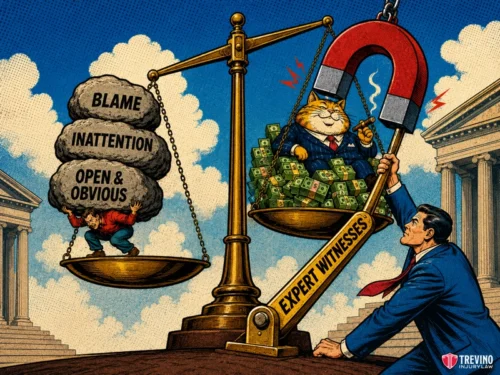 How Do Insurance Companies Try to Dispute Causation and Blame You? A man is weighed down on a scale by boulders labeled “Blame,” “Inattention,” and “Open & Obvious,” while a fat cat surrounded by cash is lifted by a magnet labeled “Expert Witnesses.” A lawyer manipulates the magnet. Courthouses are in the background.