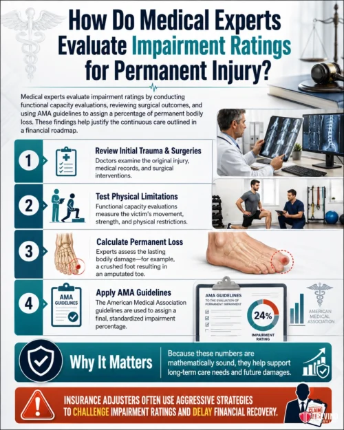 How Do Medical Experts Evaluate Impairment Ratings for Permanent Injury? An infographic explains how medical experts evaluate impairment ratings for permanent injury in four steps, featuring icons for each step, images of a doctor and patient, a foot exam, and a stethoscope. At the bottom, highlighted text warns about insurance adjusters using aggressive tactics.