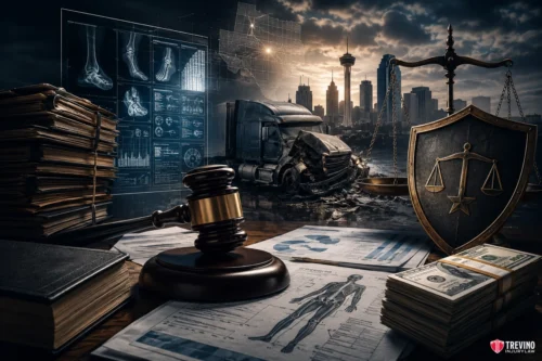 How Do San Antonio Trial Lawyers Force Corporate Insurers to Fund Life Care Plans? A gavel, legal documents, and anatomical charts lie on a desk beside stacked files, cash, and a justice scale. In the background, a crashed truck sits in front of a city skyline beneath stormy skies, symbolizing a legal case involving an accident.