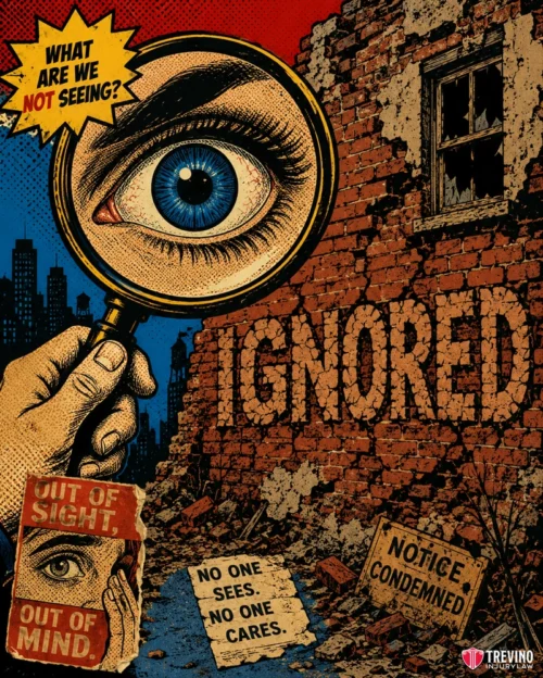 How Do You Prove the Property Owner Had Actual or Constructive Knowledge? A large magnifying glass with a blue eye peers at a crumbling brick wall with the word "IGNORED" on it. Signs read "WHAT ARE WE NOT SEEING?", "OUT OF SIGHT, OUT OF MIND.", "NO ONE SEES. NO ONE CARES.", and "NOTICE: CONDEMNED." The scene is gritty and urban.