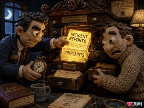 How Do You Prove the Property Owner Knew About the Dangerous Condition? Two claymation figures in an old office search a glowing drawer labeled "Incident Reports" and "Complaints." One holds a pocket watch, dressed as a lawyer. The cluttered desk has books, papers, and a plaque reading "Justice is not optional." The scene is dimly lit.