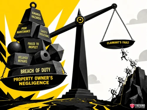 How Does Comparative Fault Impact an Open and Obvious Hazard Claim? A black and yellow illustration shows a large scale tilted heavily toward "Property Owner’s Negligence" with labeled rocks: Ignored Hazards, Poor Maintenance, Safety Violations, Failed to Inspect, Delayed Repairs, Breach of Duty. The other side, “Claimant’s Fault,” is much lighter.