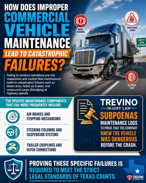 How Does Improper Commercial Vehicle Maintenance Lead to Catastrophic Failures?. An infographic shows a large semi-truck on a wet road, highlighting causes of commercial vehicle failures such as brake warning, unsecured cargo, and blown tire. Text explains the importance of proper maintenance and legal responsibilities. Trevino Injury Law logo and gavel included.