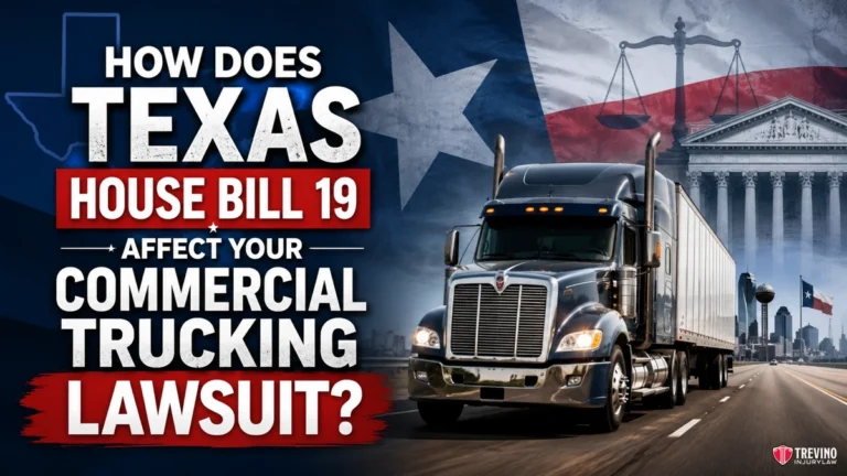 How Does Texas House Bill 19 Affect Your Commercial Trucking Lawsuit?. A large black semi-truck is in front of the Texas flag, a courthouse, and blue sky. Bold text reads: "How does Texas House Bill 19 affect your commercial trucking lawsuit?" The Treviño Injury Law logo is in the bottom right corner.