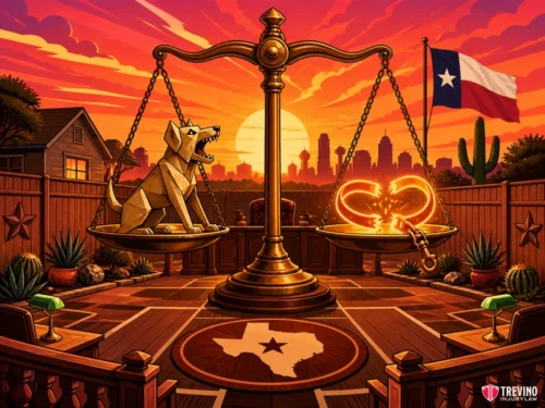 How Does Texas Law Define Liability for Dog Bites on Private Property? A golden dog and a broken heart made of neon sit balanced on scales in a Texas-themed backyard at sunset, with a Texas flag, city skyline, and cacti in the background. A star marks Texas on the wooden floor, evoking themes of justice and loyalty.