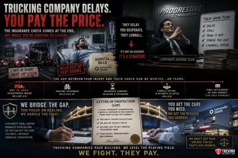 How Does a Commercial Trucking Insurance Policy Cover Your Hospital Bills?. A dramatic infographic shows how trucking companies delay insurance payouts. Text, timelines, and visuals depict injury, bills, and legal battles. Emphasizes law firm support, insurer tactics, and the slogan: “We fight. They pay.” The mood is urgent and serious.