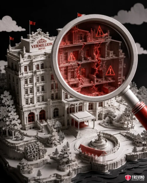 How Does a Hotel's Duty of Care Differ from General Commercial Properties? A paper model of the Grand Vermilion Hotel is shown. A magnifying glass reveals red cracks and warning symbols inside, highlighting structural damage. The scene is detailed with trees, a fountain, and intricate architectural elements.