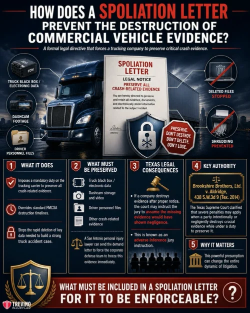 How Does a Spoliation Letter Prevent the Destruction of Commercial Vehicle Evidence?. Infographic with trucks and legal icons explaining how a spoliation letter preserves commercial vehicle crash evidence. Lists required evidence (black box data, dashcam, logs), legal facts, what must be preserved, and its importance for lawsuits.