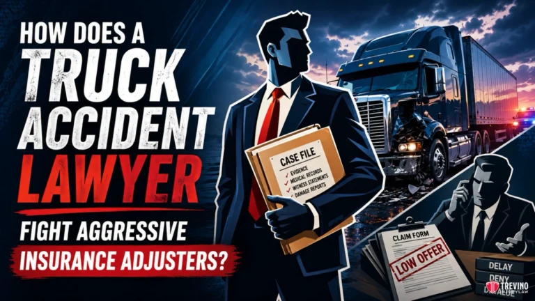 How Does a Truck Accident Lawyer Fight Aggressive Insurance Adjusters?. Illustration of a determined lawyer holding a case file labeled “Truck Accident,” standing before a large truck. Text reads “How does a truck accident lawyer fight aggressive insurance adjusters?” Scenes of paperwork, a phone, and phrases like “Low Offer” and “Delay, Deny, Defend” are shown.