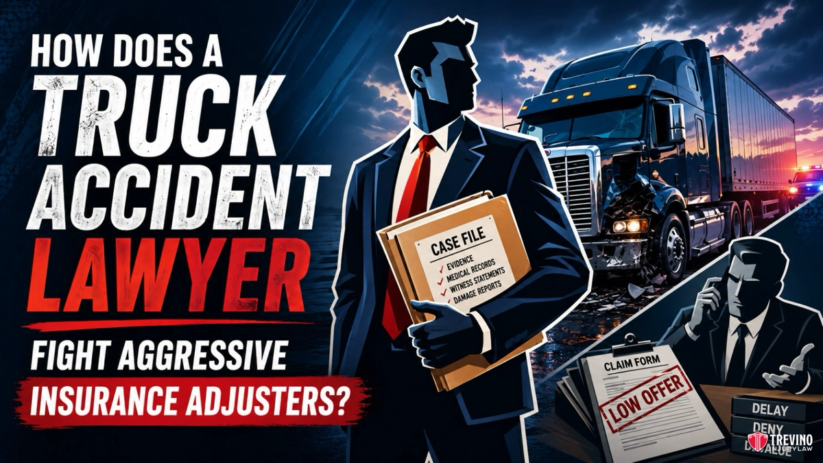 How Does a Truck Accident Lawyer Fight Aggressive Insurance Adjusters?. Illustration of a determined lawyer holding a case file labeled “Truck Accident,” standing before a large truck. Text reads “How does a truck accident lawyer fight aggressive insurance adjusters?” Scenes of paperwork, a phone, and phrases like “Low Offer” and “Delay, Deny, Defend” are shown.