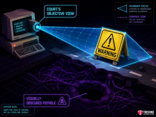 How Does the Open and Obvious Defense Work in Texas Premises Liability? A retro computer scans a warning sign, highlighting it as the "Court's Objective View." Beneath the surface, a dark pothole and tangled roots are labeled "Visually Obscured Pothole," indicating unseen dangers ignored by surface-level scans. Trevino Injury Law logo appears.