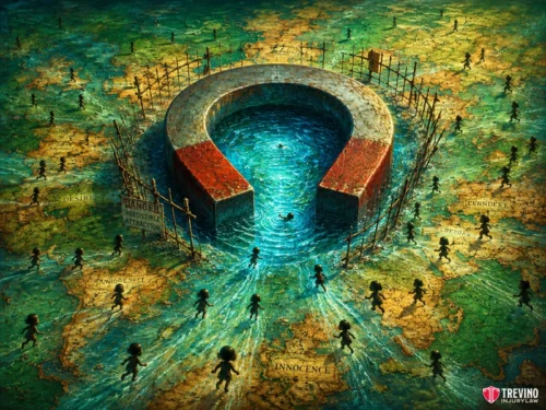 How Does the Attractive Nuisance Doctrine Protect Children in Texas? A surreal painting shows a giant horseshoe magnet in a pool attracting silhouetted figures from labeled regions—“Desire,” “Gender,” “Innocence,” etc. Signs warn “Danger! Irresistible Attraction.” Figures wade toward the magnet amid a patchwork landscape.