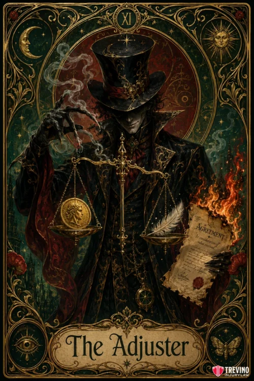 How Insurance Adjusters Weaponize Visitor Status to Deny Claims. A mysterious, sinister figure in a dark, ornate coat and top hat holds burning legal papers and golden scales. The background features mystical symbols and swirling smoke. The text reads "The Adjuster." The style is dark, gothic, and intricately detailed.