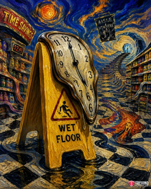 How Long Does a Property Owner Have to Fix a Dangerous Condition in Texas? A melting clock drapes over a “Wet Floor” caution sign in a surreal grocery store with swirling, Van Gogh-style colors. Shelves curve into the distance; a “TIME SAVINGS” sign and another reading “AISLE NOWHERE” add to the dreamlike, distorted scene.
