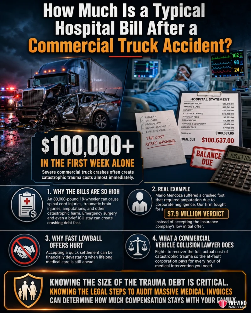 How Much Is a Typical Hospital Bill after a Commercial Truck Accident?. Infographic titled “How Much Is a Typical Hospital Bill After a Commercial Truck Accident?” shows a hospital bill, an injured man in a hospital bed, icons, and text highlighting $100,000+ costs, reasons for high bills, legal insights, and a $7.9 million verdict.