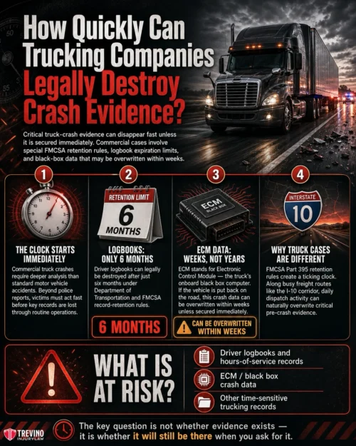How Quickly Can Trucking Companies Legally Destroy Crash Evidence?. Infographic titled "How Quickly Can Trucking Companies Legally Destroy Crash Evidence?" Shows a semi-truck at night. Explains record retention limits: logbooks (6 months), ECM data (weeks), and black-box data (may be overwritten). Lists risks and evidence types.