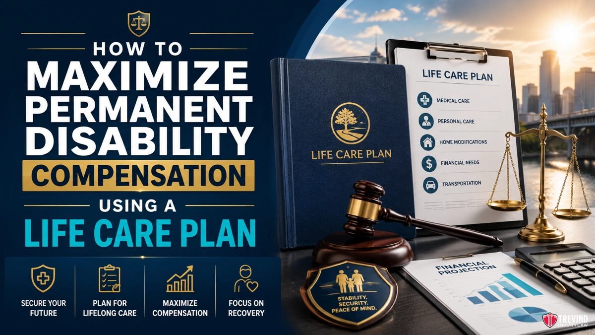 How to Maximize Permanent Disability Compensation Using a Life Care Plan A promotional graphic shows "How to Maximize Permanent Disability Compensation Using a Life Care Plan." It features a binder, clipboard, and gavel on a desk, icons for benefits, and a river cityscape background. Text lists Life Care Plan elements and goals.