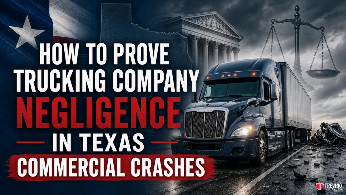 How to Prove Trucking Company Negligence in Texas Commercial Crashes. A large semi-truck drives on a cracked road in stormy weather. Behind it are court pillars and a scale of justice. The Texas flag is visible to the left. Bold text reads: “How to Prove Trucking Company Negligence in Texas Commercial Crashes.”.