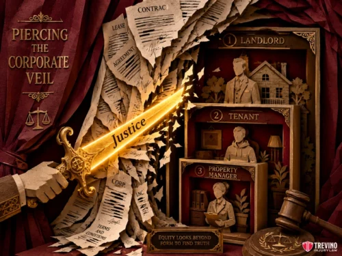 Identifying the Liable Party on Commercial Property. A detailed paper-cut diorama depicts documents, contracts, and a glowing sword labeled "Justice" cutting through paper labeled "CORP." Three shadowboxes show 1) Landlord, 2) Tenant, 3) Property Manager. Text reads "Piercing the Corporate Veil" and "Equity looks beyond form to find truth.