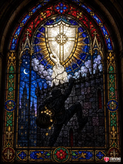 Insurance Coverage Limitations for Trespasser Injuries. A stained glass window depicts a cloaked thief climbing a stone wall at night, holding a bag of gold coins. Above, an angelic figure raises a shield glowing with radiant light, surrounded by clouds, with a gothic cathedral and crescent moon in the background.