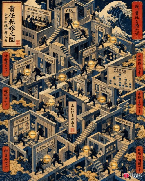 Is the National Hotel Brand or the Local San Antonio Owner Liable? An intricate, Escher-style maze depicts businesspeople passing glowing orbs labeled “liability” through rooms marked CEO, Legal, Finance, HR, IT, Strategy, and more. Japanese text and traditional design elements blend with a modern corporate office setting.