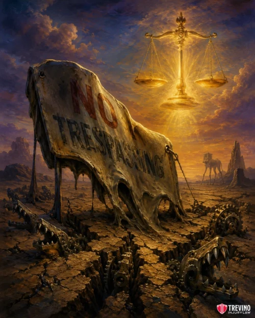 Proving Gross Negligence and Intentional Harm Against Property Owners. A tattered "No Trespassing" sign stands amid cracked, barren earth with mechanical jaws in the crevices. In the sky, glowing golden scales of justice hover as the sun, illuminating distant, surreal desert creatures. The art is signed by Trevino.