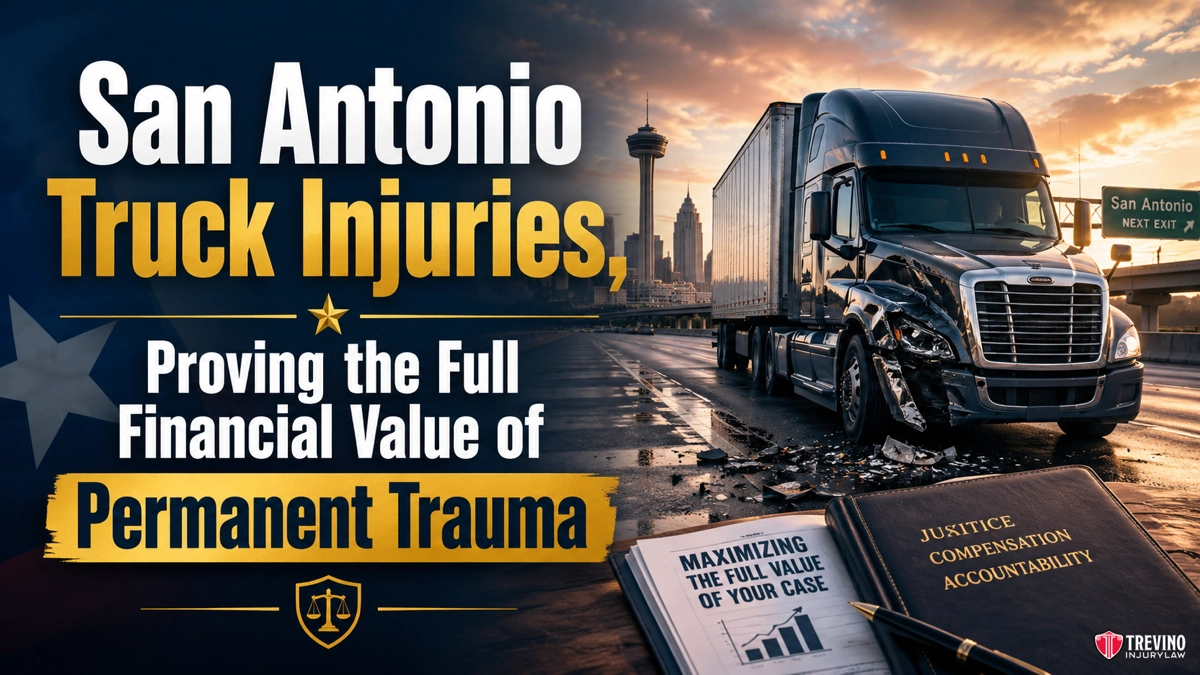 A damaged semi-truck sits on a wet road with San Antonio’s skyline in the background. Bold text states: "San Antonio Truck Injuries—Proving the Full Financial Value of Permanent Trauma." Legal and justice icons are displayed.