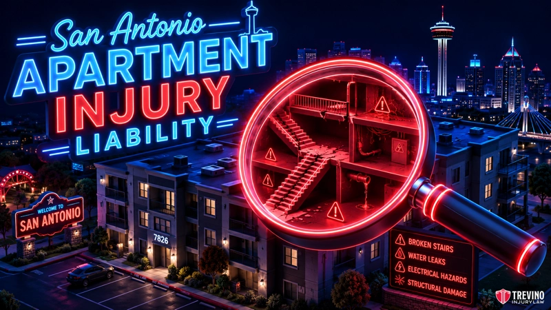 San Antonio apartment injury liability. A neon-styled graphic shows a San Antonio cityscape at night with the text "San Antonio Apartment Injury Liability." A magnifying glass highlights an apartment’s interior, revealing hazards: broken stairs, water leaks, electrical hazards, and structural damage.
