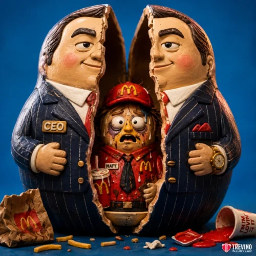 Suing a National Franchise for a Local Store Injury. A ceramic egg shaped like a smiling CEO in a suit splits open, revealing a distressed McDonald’s worker inside. The worker looks exhausted, wearing a stained uniform labeled “Matt.” Broken fries, ketchup, and a spilled drink are on the blue surface.