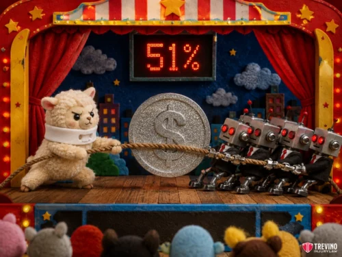 Texas Proportionate Responsibility and the 51% Bar Rule. A stuffed alpaca and four toy robots play tug-of-war onstage over a glittery silver coin. A digital sign above reads "51%". The scene is set in a colorful theater with circus lights and a small audience watching.
