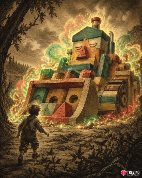 The Attractive Nuisance Exception for Child Trespassers. A young child faces a giant, magical, colorful toy bulldozer with a face, glowing with orange and green energy in a dark, forested landscape. The scene feels surreal and dreamlike, with dramatic shadows and detailed textures throughout.