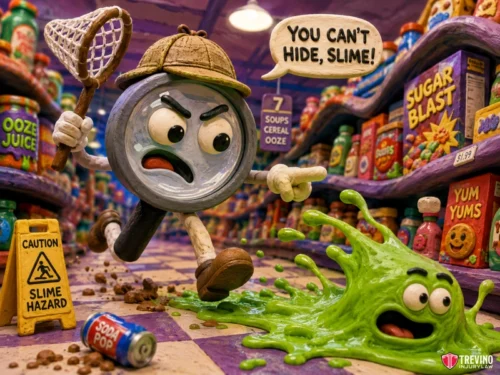 The Elevated Duty of Care Owed to Commercial Invitees. A cartoon magnifying glass with arms, legs, and an angry face chases a green slime creature in a grocery store aisle. The magnifying glass holds a net and shouts, “You can’t hide, slime!” The store shelves are filled with colorful cereal boxes. A yellow “Slime Hazard” sign is on the floor.
