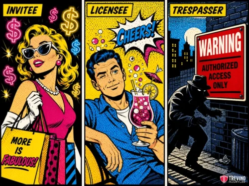 The Legal Distinction Between Invitees and Licensees in Texas. A colorful comic-style image split in three: a glamorous woman labeled “Invitee” shopping, a relaxed man labeled “Licensee” with a drink, and a sneaky figure labeled “Trespasser” sneaking past a “Warning: Authorized Access Only” sign at night.