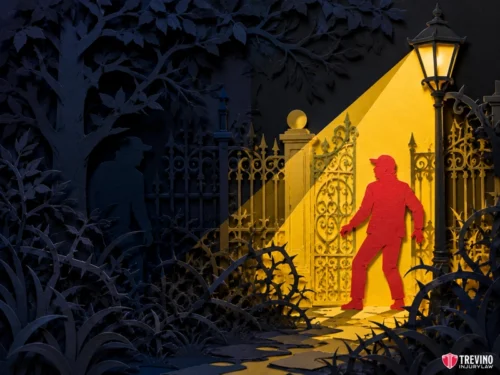 The Strict Legal Duty of Care Owed to Trespassers in Texas. A silhouette of a red figure is startled in the yellow light of a streetlamp near an ornate gate, while a dark blue shadowy figure stands among overgrown plants in the shadows. Lush foliage frames the scene. The Trevino Injury Law logo appears at the bottom right.