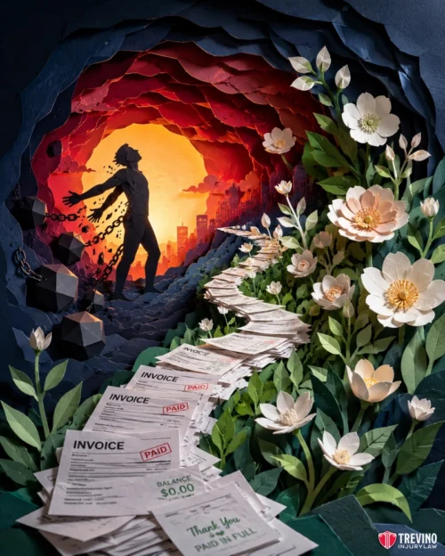 Types of Recoverable Damages in Texas Premises Liability Claims. A paper art scene shows invoices marked "PAID" leading from darkness, where a chained silhouette breaks free, into bright light and blooming white flowers, symbolizing freedom from debt. The Trevino Injury Law logo appears in the lower right corner.