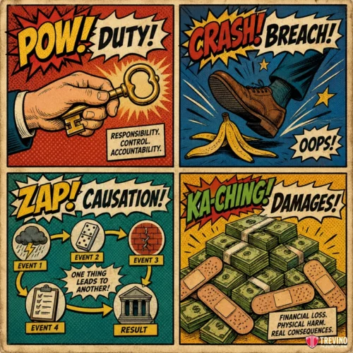 What Are the Four Legal Elements Needed to Prove Premises Liability in Texas? A four-panel comic: 1) Hand with a key and "POW! DUTY!" 2) Foot slipping on a banana peel with "CRASH! BREACH!" 3) Flowchart showing event sequences with "ZAP! CAUSATION!" 4) Stacks of cash, some with bandages, with "KA-CHING! DAMAGES!.