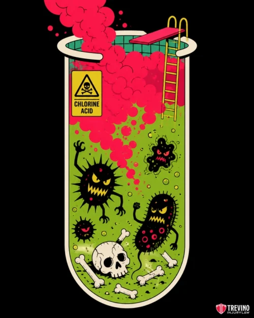What Are the Most Common Safety Concerns at a Swimming Pool? A test tube filled with green liquid, labeled "Chlorine Acid," overflows with pink fumes. Inside, cartoonish black germs, a skull, and bones float. Above is a swimming pool ladder, suggesting danger in pool chemicals. Art by Trevino Injury Law.