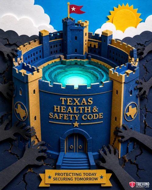 What Are the Rules for Swimming Pools in Texas? A blue and gold paper-craft castle with "TEXAS HEALTH & SAFETY CODE" on its wall stands fortified, surrounded by grasping black hands. A red flag and a sun are above. Banner reads, "PROTECTING TODAY SECURING TOMORROW." Treviño Injury Law Firm logo in corner.