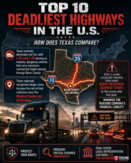 What Are the Top 10 Deadliest Highways in the US, and How Does Texas Compare?. Infographic titled "Top 10 Deadliest Highways in the U.S." shows Texas highways I-35 and I-10 near Bexar County, San Antonio. Icons highlight road danger, insurance, evidence, and legal help, with text emphasizing accident risks and the importance of legal representation.