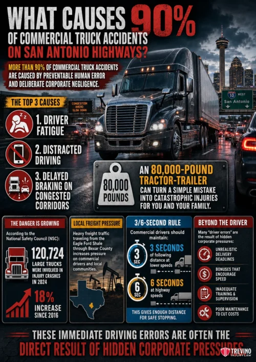 What Causes 90% of Commercial Truck Accidents on San Antonio Highways?. Infographic with a large black semi-truck at night on a highway, city skyline in the background. Text explains that 90% of San Antonio truck accidents are due to human error, listing top causes: driver fatigue, distracted driving, delayed braking, and hidden corporate pressure.
