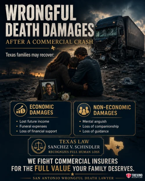 What Damages Can Be Recovered in a Wrongful Death Claim after a Commercial Crash?. A grieving family kneels by a roadside memorial of flowers and a photo, with a crashed truck in the background. Infographics detail wrongful death damages: economic (income, funeral, support) and non-economic (anguish, loss). Text highlights Texas law and legal support.